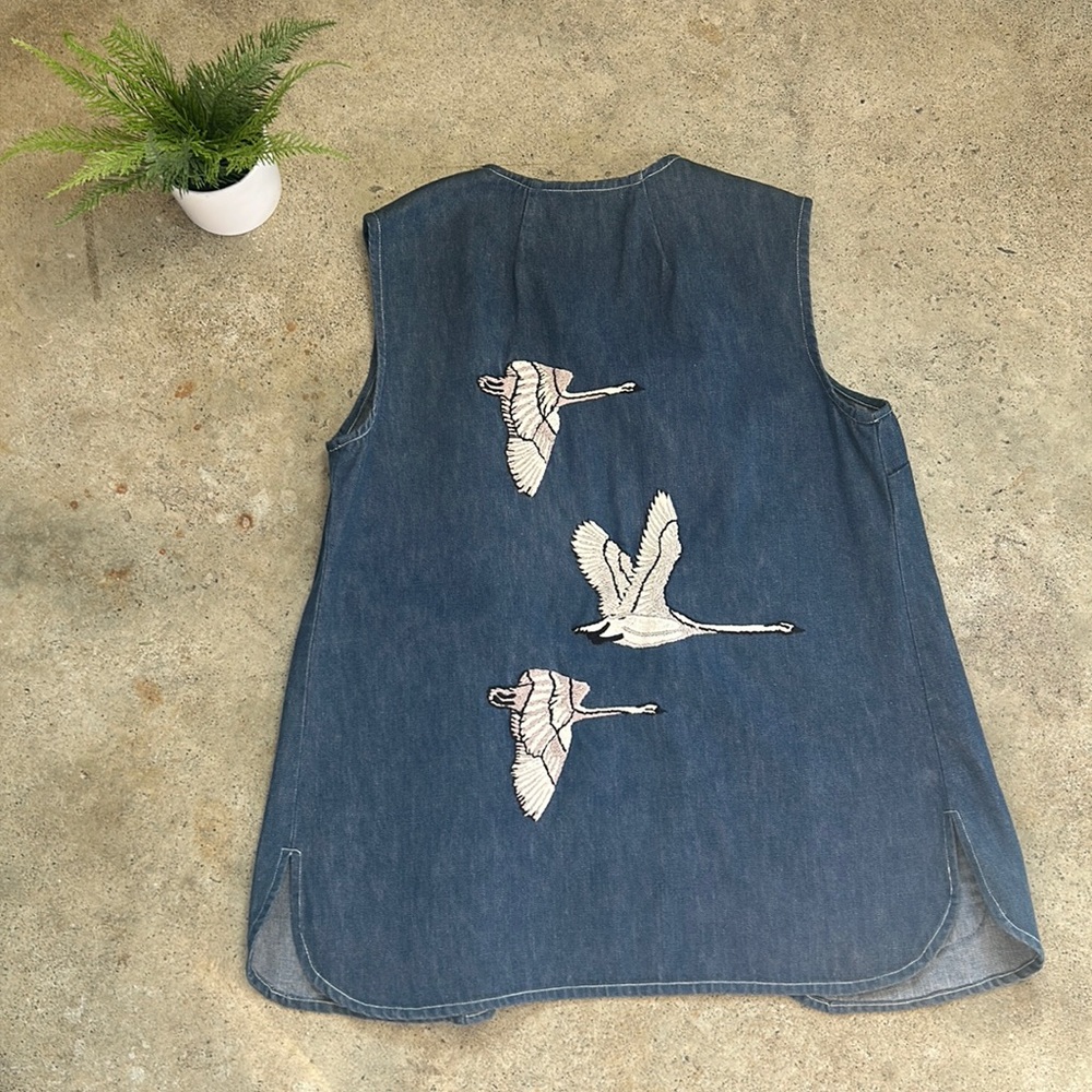 Vintage Denim Embroidered Goose Long Vest